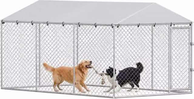 Recinto per cani da esterno in metallo con rete zincata e tessuto Oxford, resistente alle intemperie, Argento, L: 4 m, H: 2.3 m, P: 2 m