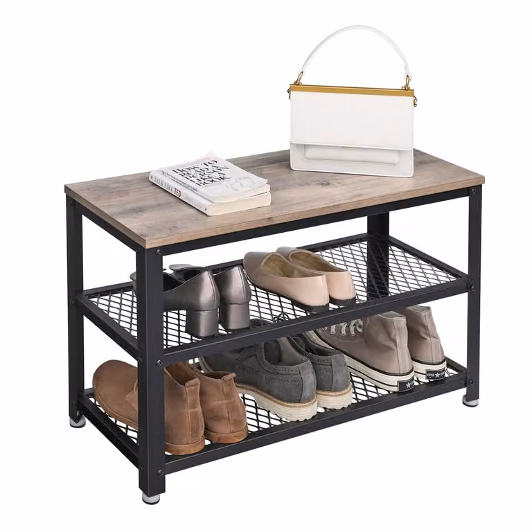 Panca Portascarpe in Stile Industriale, Greige + Nero / 73 x 30 x 45 cm