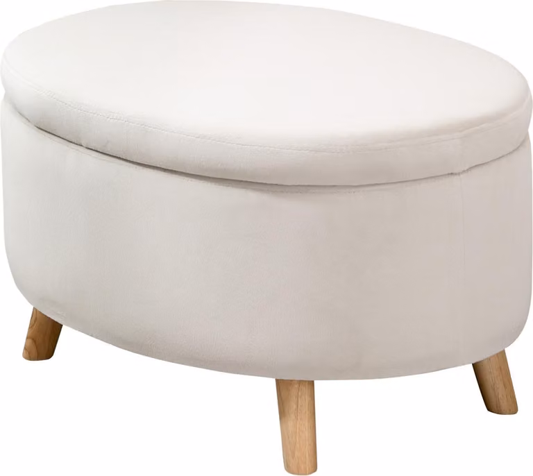 Panca con vano portaoggetti, panca imbottita ovale con coperchio, panca da letto con effetto velluto, per corridoio, camera da letto, soggiorno, gambe in legno 71 x 51,5 x 42 cm beige