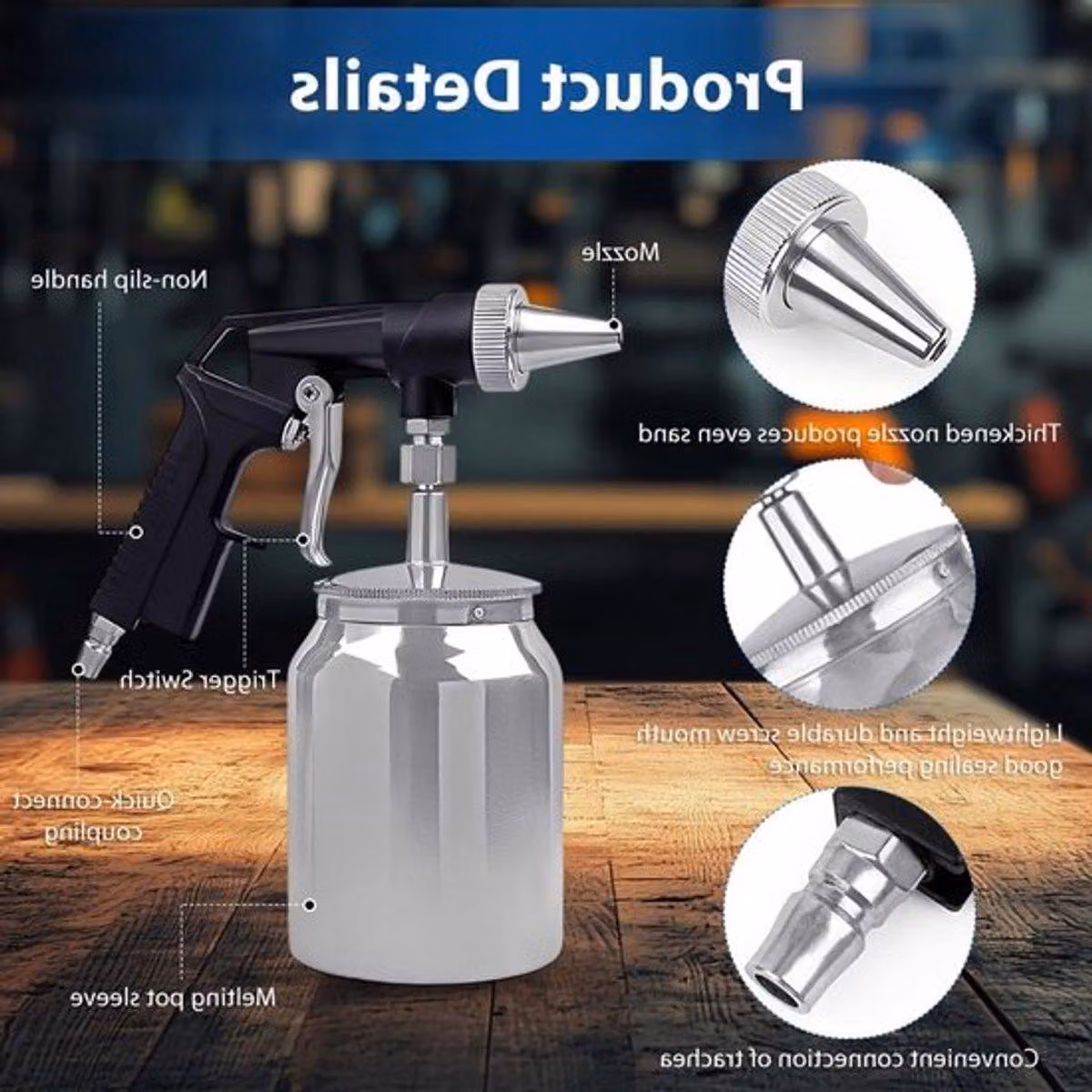 Pistola portatile per sabbiatura, compatibile con compressore d'aria, con una pressione di esercizio di 6,2 bar e una capacità del serbatoio di 1000 cc. Ideale per la lucidatura, la levigatura e la rimozione di vernice