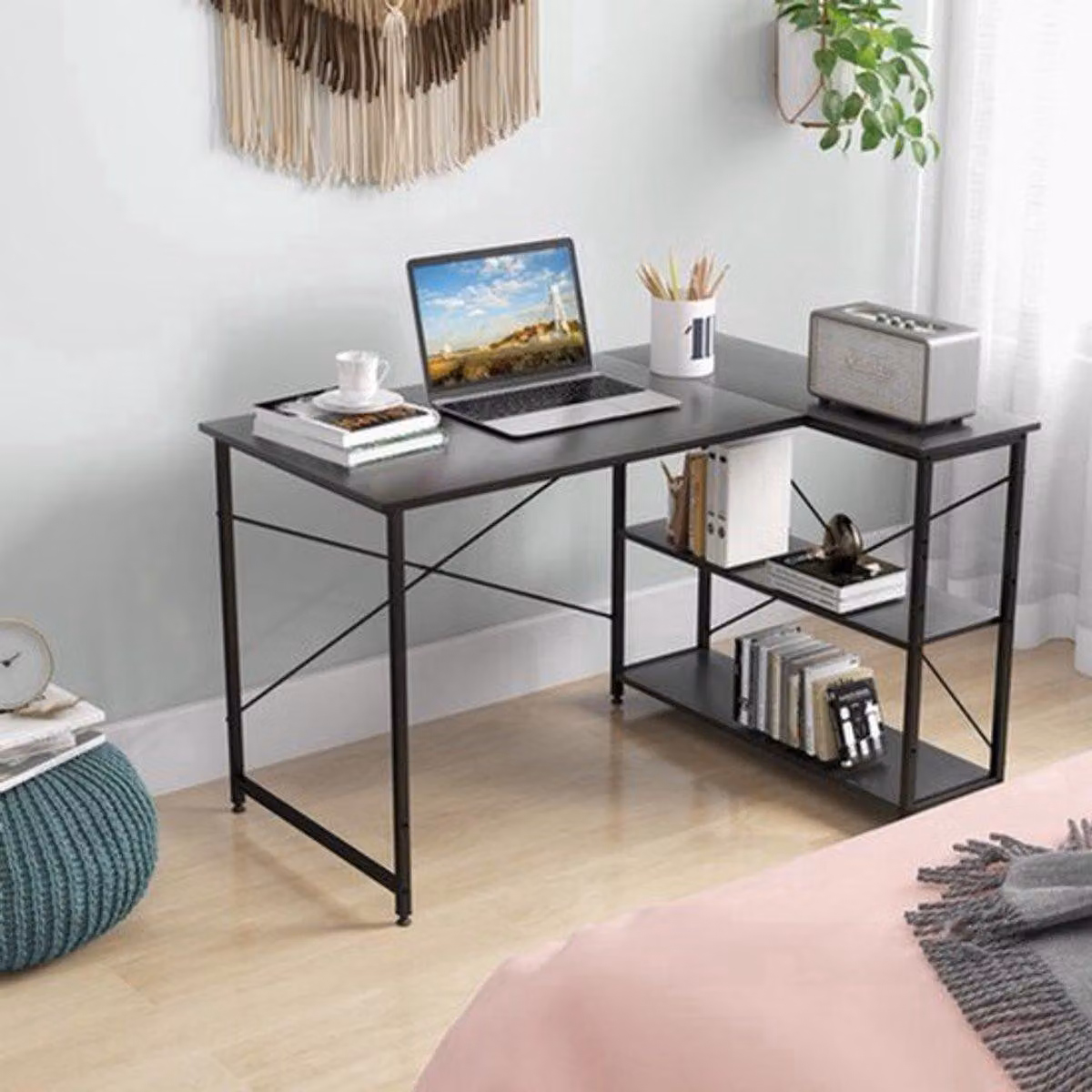 Scrivania ad angolo a forma di L, dimensioni 120x88 cm - Scrivania per computer con ripiano, disponibile con ripiano a destra o a sinistra - Ideale per piccoli spazi