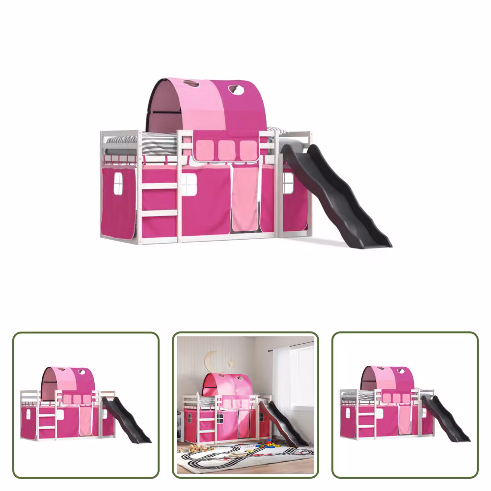 The Living Store Letto a castello con scivolo e tende Rosa 90x200 cm