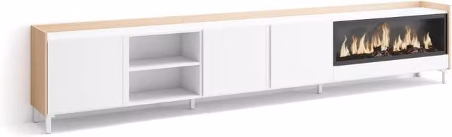 Mobile TV Soggiorno, 315x61x35 cm, Per TV fino a 80", Camino elettrico XXL, Design industriale, Bianco e Rovere soft