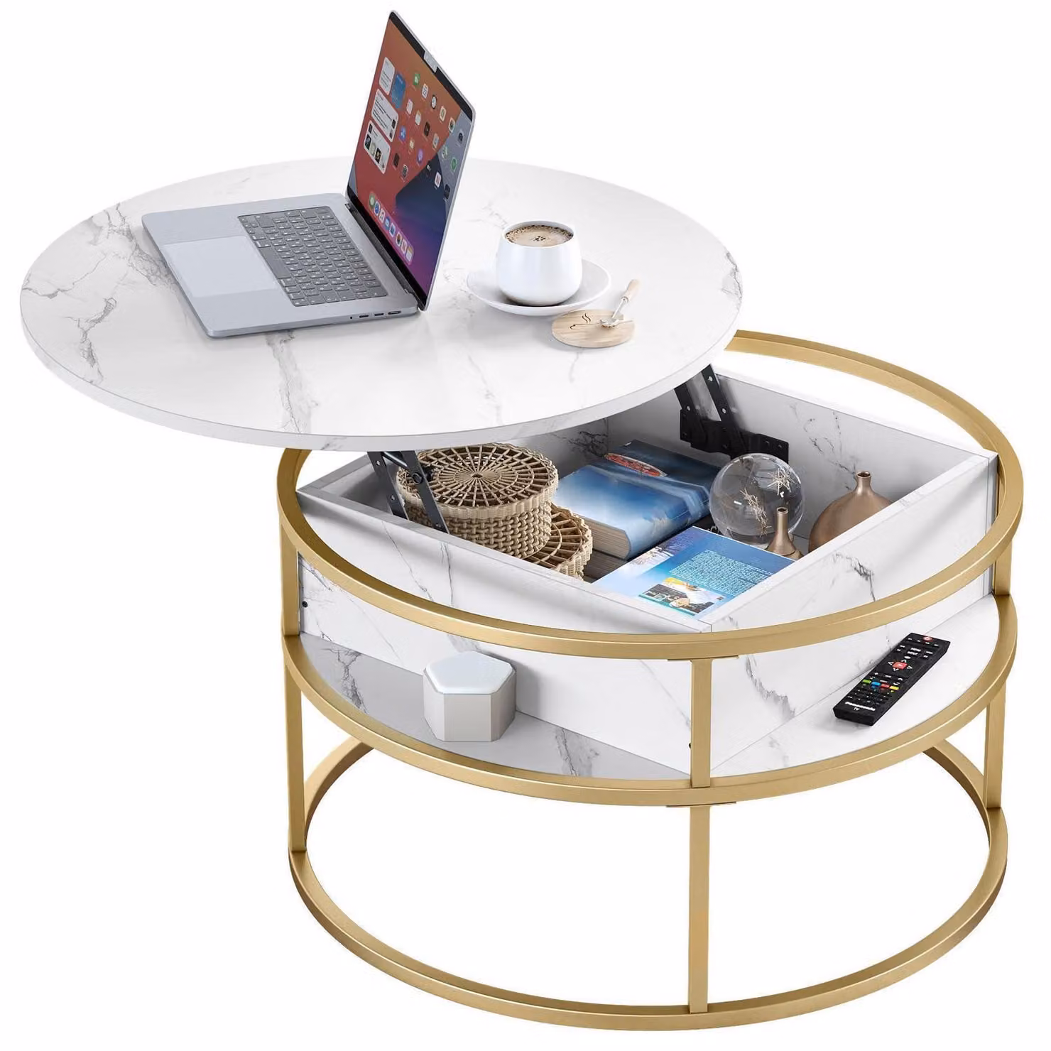 Tavolino rotondo con piano sollevabile, vano portaoggetti e spazio contenitivo, colore bianco, dimensioni 80x80x47 cm
