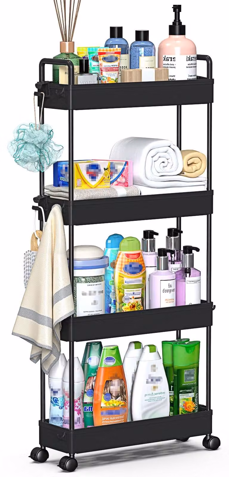 Carrello portaoggetti a 4 ripiani, sottile e con ruote, ideale per la spesa e per l'organizzazione di spazi come cucina, bagno, lavanderia e camera da letto