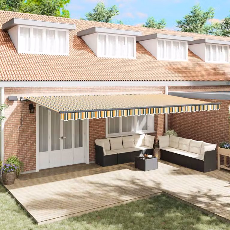 Tenda retrattile vidaXL con bracci pieghevoli in alluminio e tessuto in poliestere, Verde e giallo, L: 600 cm x P: 300 cm