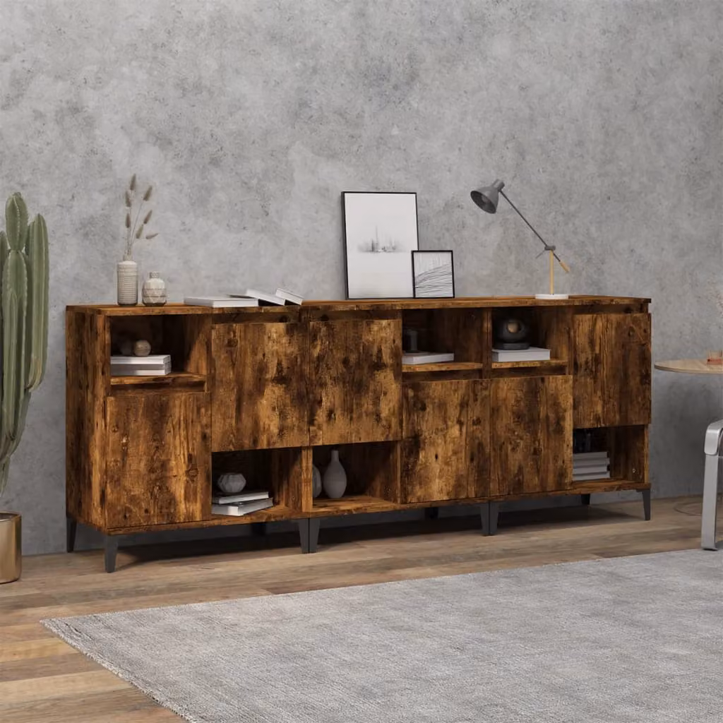 Set di 3 credenze vidaXL in legno e metallo, colore rovere fumo, L: 60 cm, P: 35 cm, H: 70 cm