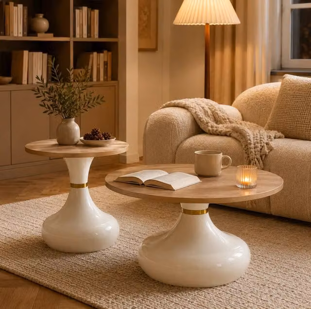Set 2 tavolini da caffè sovrapponibili in MDF e metallo; effetto legno; ?70 e ?50 cm