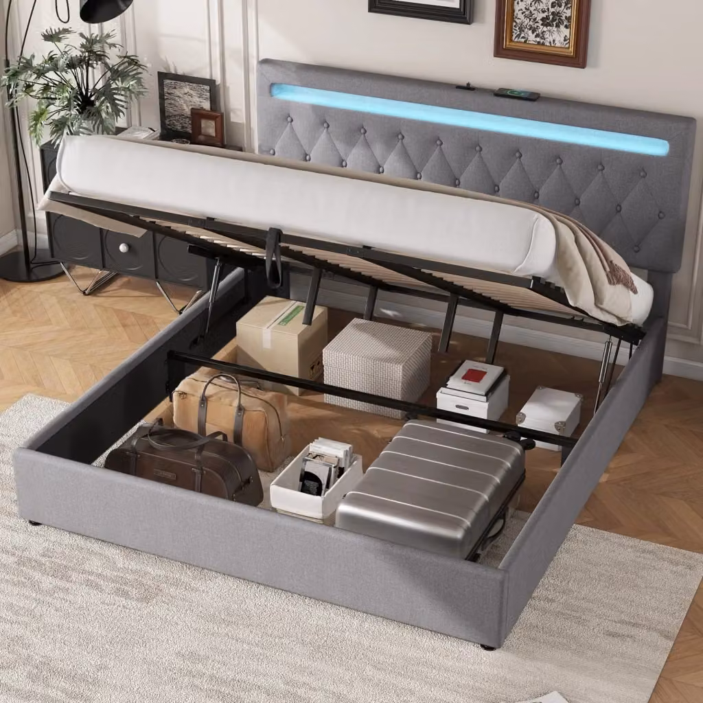 Letto imbottito MODFU con contenitore e sistema di sollevamento idraulico, dotato di illuminazione LED e porta USB, colore grigio, L 180 cm x P 200 cm – 2