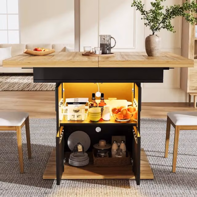 Tavolo da pranzo allungabile con vano LED e ripiano regolabile per cucina, nero effetto legno, 110-140 × 80 × 76 cm