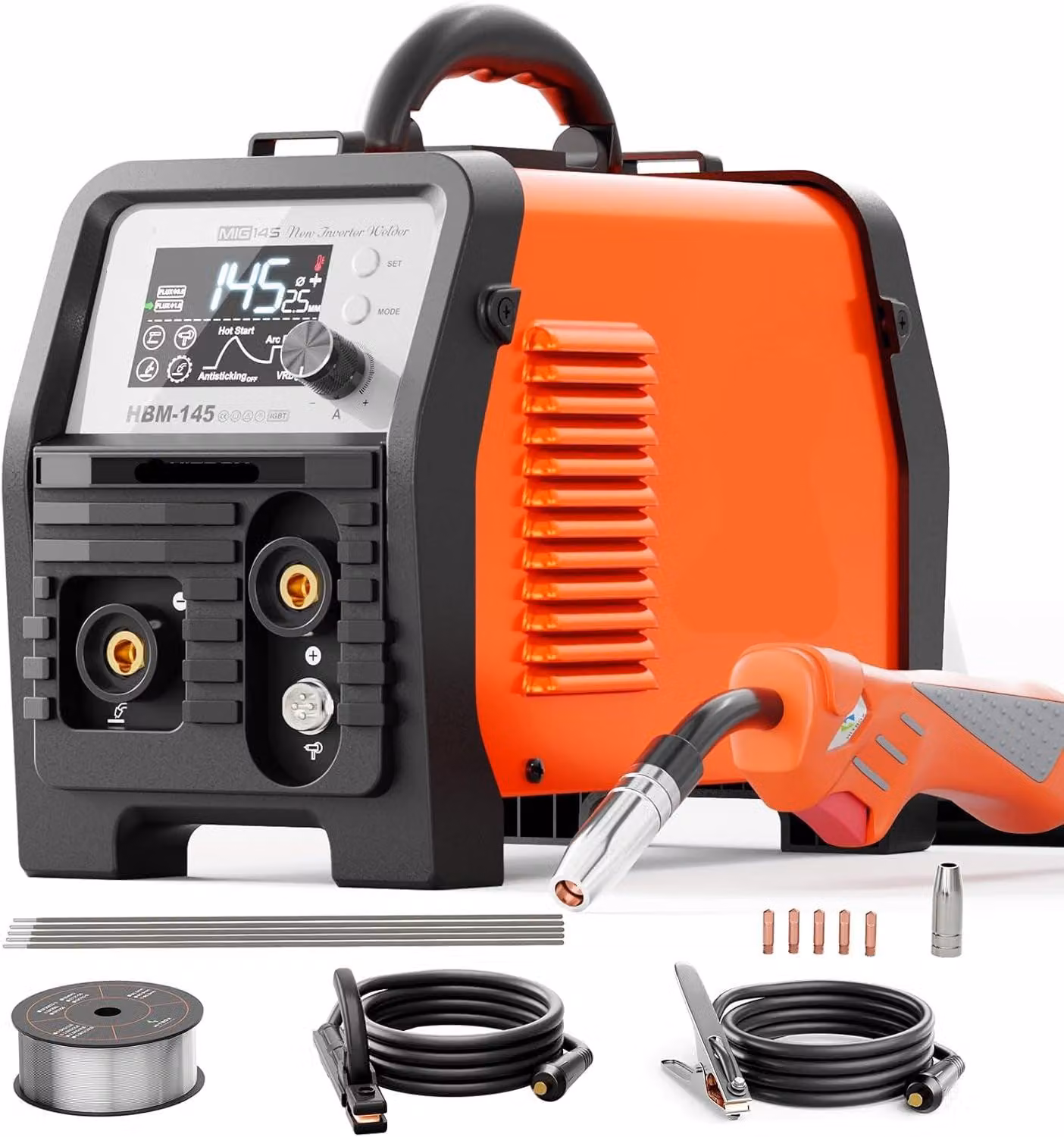 Lasmachine - Saldatrice MIG 4-in-1 - ARC - Lift TIG - Inverter - 145A - Display LCD - Colore: nero e arancione