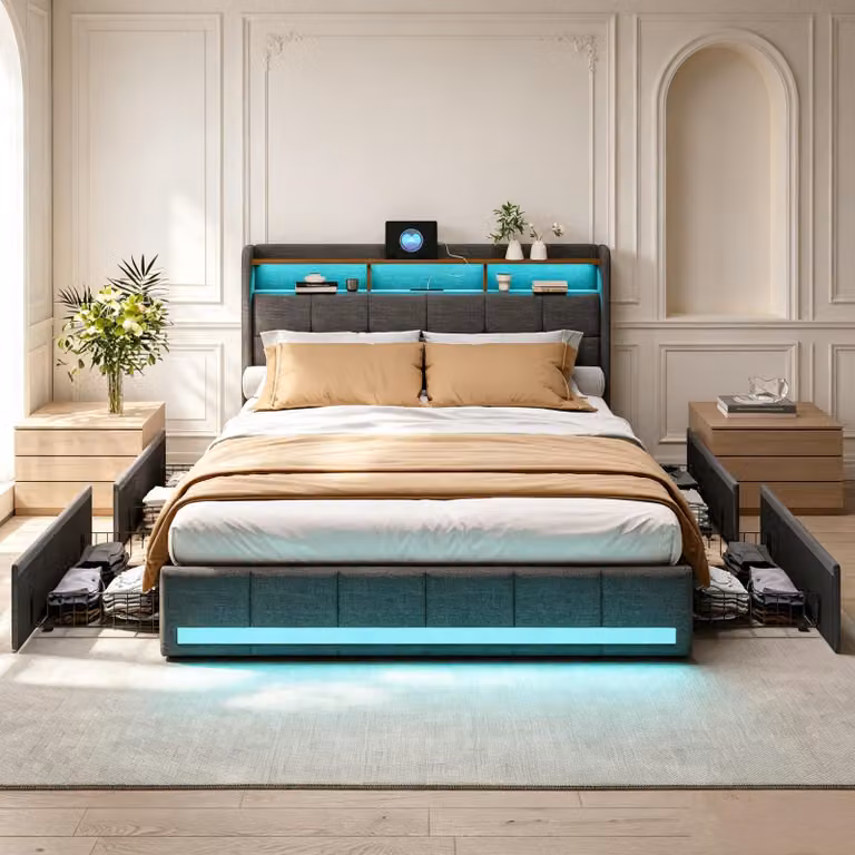 Letto imbottito INONEFT, 160x200 cm, con funzione di ricarica USB, letto per ragazzi/matrimoniale con 4 cassetti, letto contenitore con rete a doghe e illuminazione LED, tessuto in lino, colore grigio