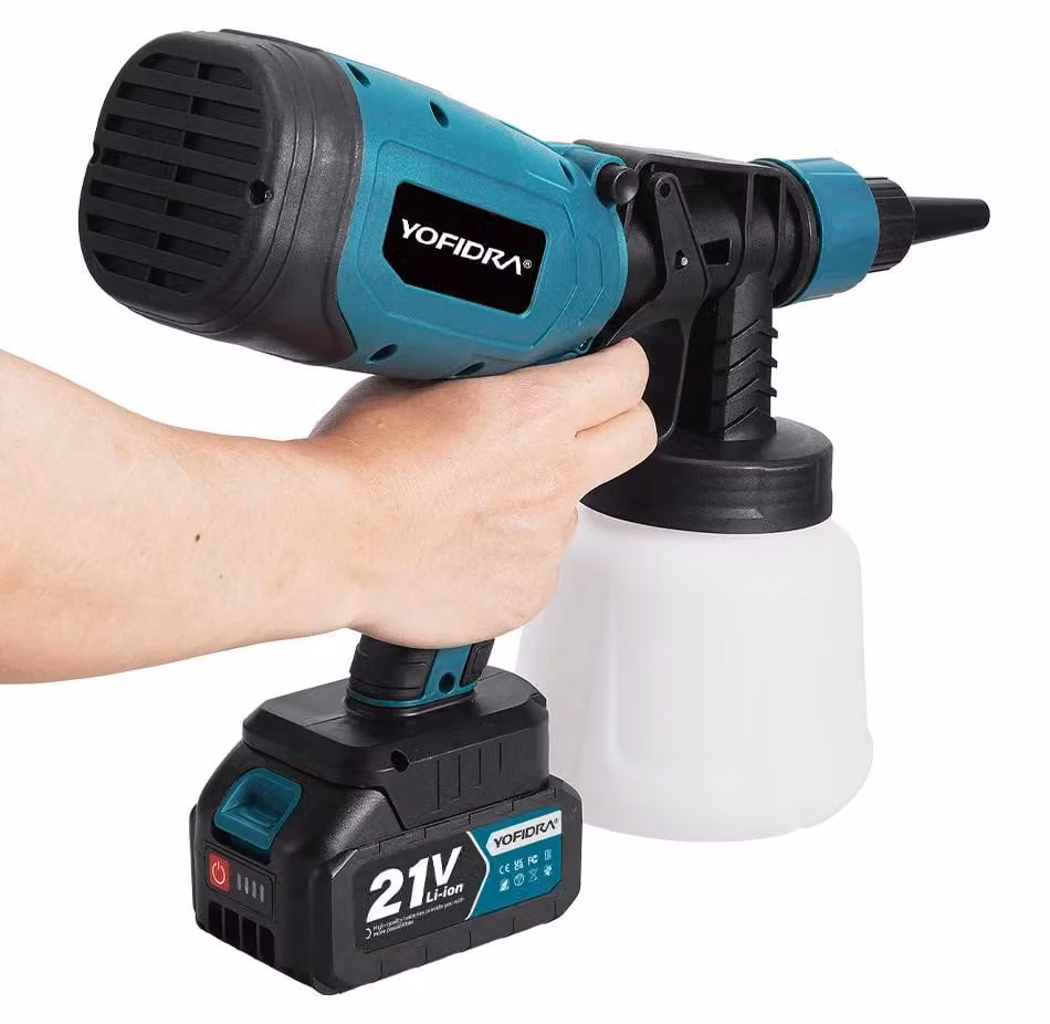 Pistola a spruzzo elettrica - Pistola a spruzzo senza fili da 21V - Serbatoio da 1000 ml - Motore in rame da 66000 giri/min - Portata: 500 ml/min - Include 2 batterie