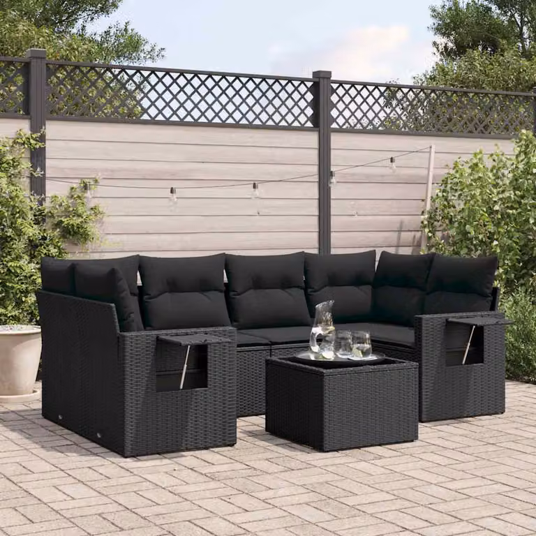 vidaXL Set Divani da Giardino a L con Cuscini 7pz Nero in Polyrattan e Metallo
