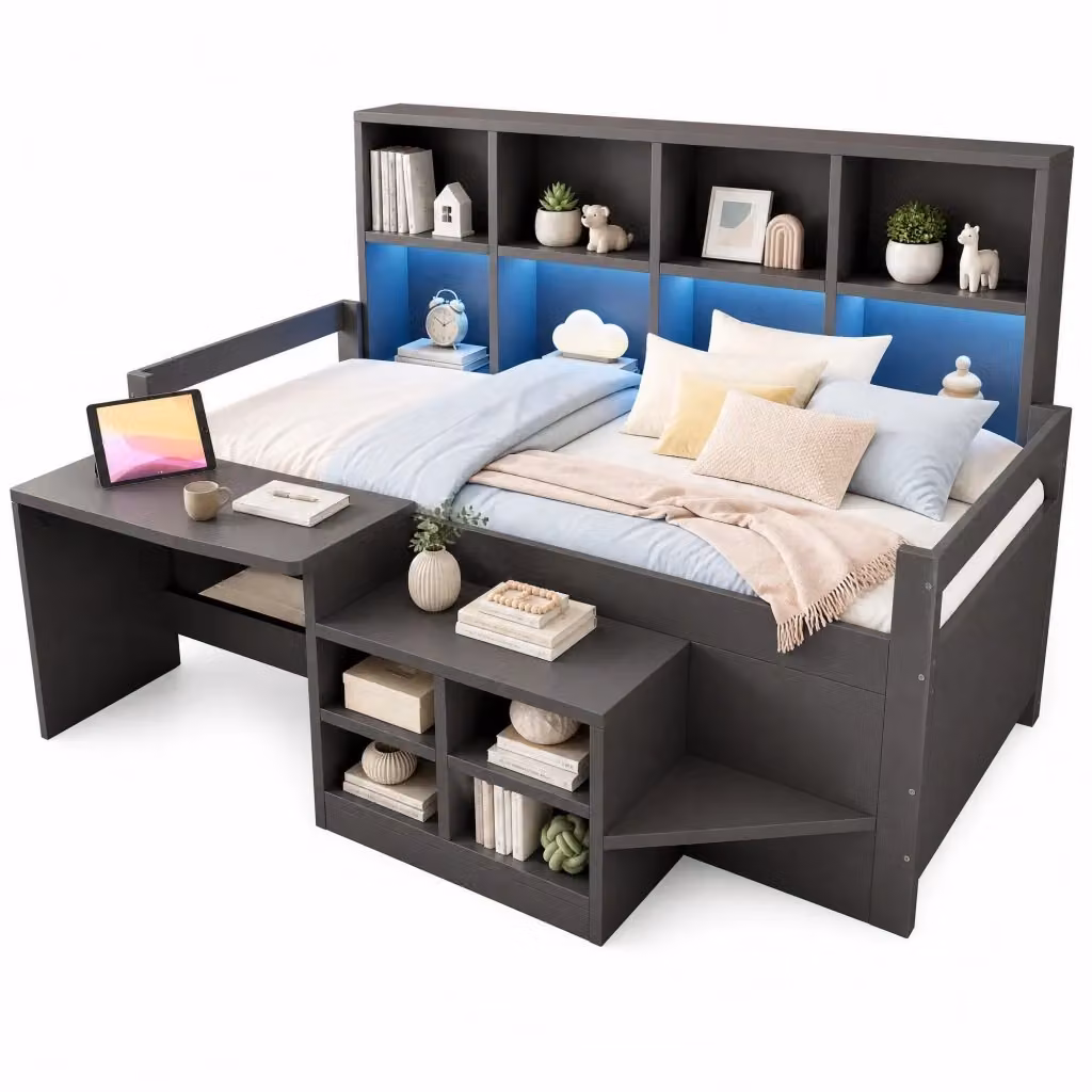 Letto Singolo Moderno Grigio con Scrivania, Illuminazione LED, Porta USB e Scomparti Laterali, L/P: 90 x 200 cm – 2