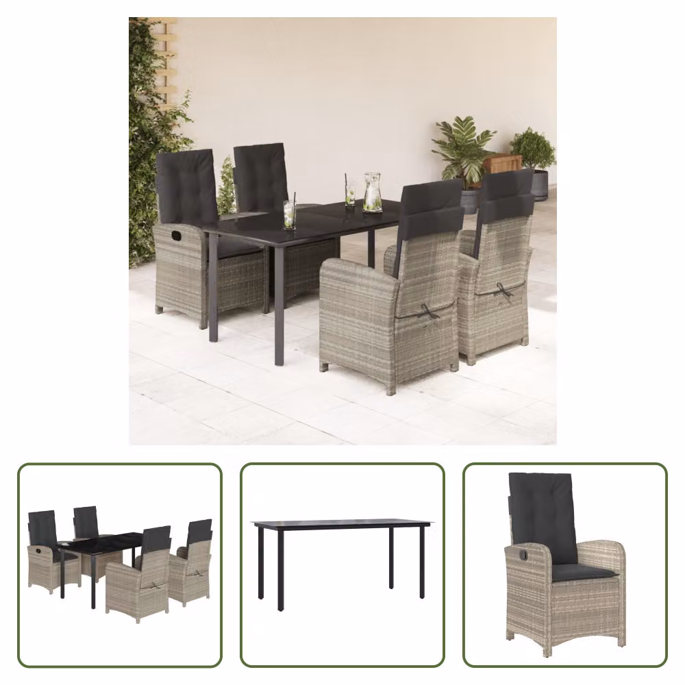 The Living Store Set da pranzo da giardino 5 pezzi con cuscini in rattan grigio chiaro