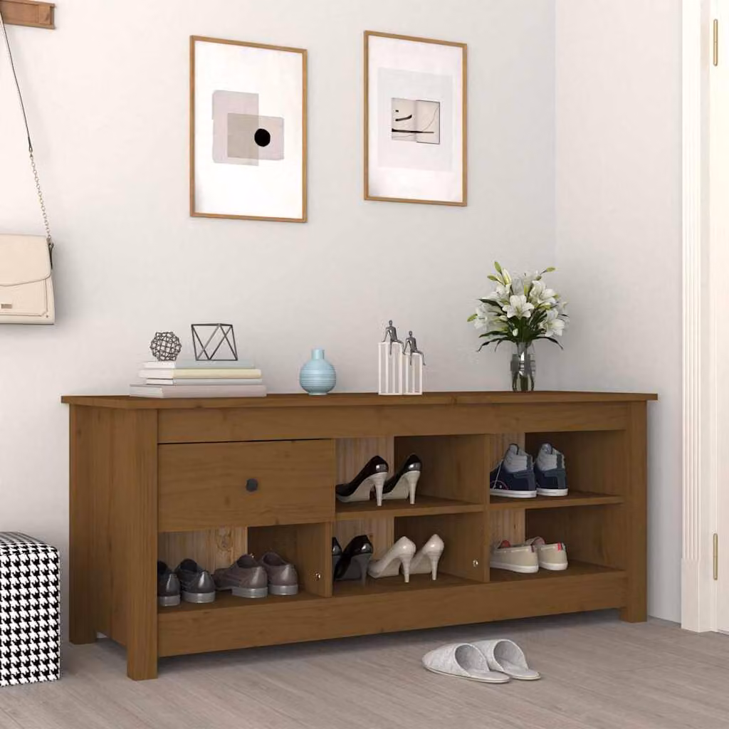 Scarpiera vidaXL in legno di pino massello stile rustico, colore marrone, L/P/H: 110 x 38 x 45,5 cm