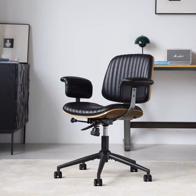 Sedia da ufficio girevole WISHDOR in similpelle nera con braccioli e base in metallo per home office – 1