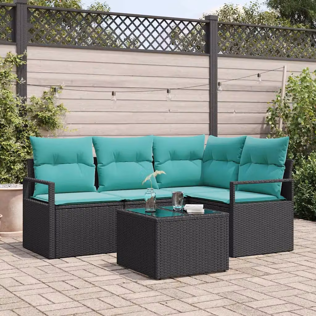 Set di divani da giardino vidaXL a forma di L con tavolo da caffè, colore nero e turchese, in rattan e metallo con cuscini inclusi