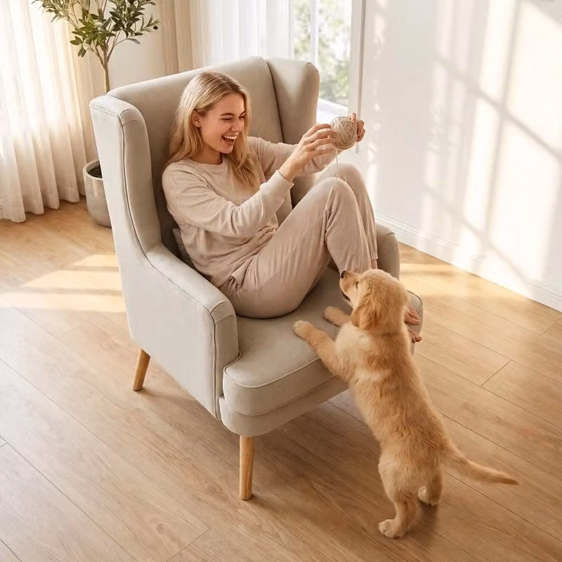 Poltrona moderna WISHDOR in tessuto beige con struttura in legno e braccioli, L: 51 cm, P: 80 cm, H: 91 cm – 2