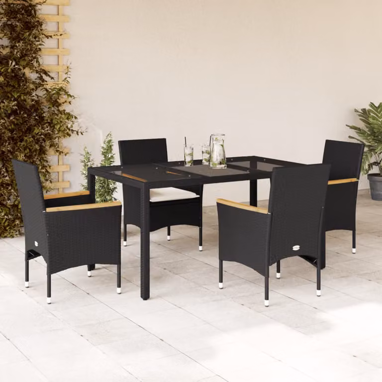Set da pranzo da giardino vidaXL in polyrattan e legno di acacia con tavolo in vetro e 5 cuscini disponibile in nero, beige o bianco