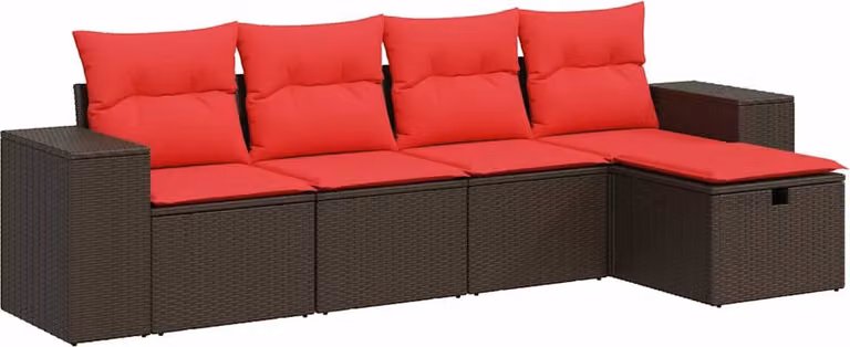 Set Divano da Giardino 5 pz con Cuscini Marrone in Polyrattan