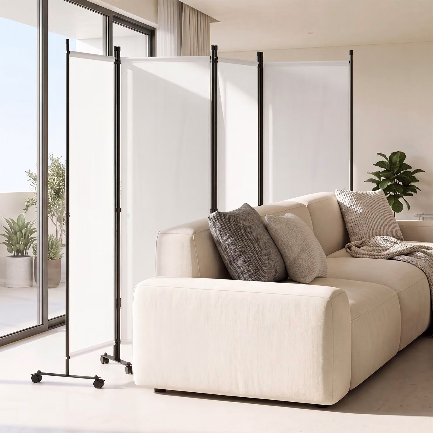 Paravento divisorio Costway con 4 pannelli su ruote in tessuto e metallo, ideale per casa, ufficio o soggiorno, Bianco