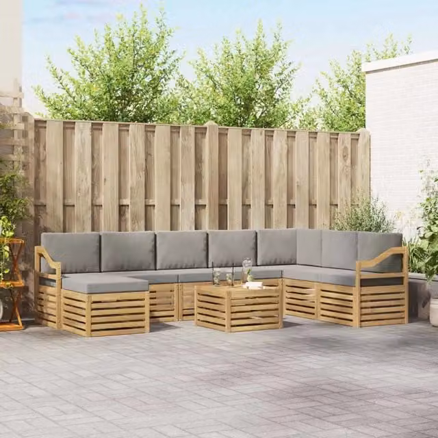 Set di divani ad angolo L vidaXL in legno di acacia massello con cuscini grigi per giardino e terrazzo