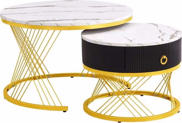 Set di 2 Tavolini Modulari con Finitura Effetto Marmo e Dettagli Dorati, 70x70x45 cm e 50x50x40 cm, con Cassetto