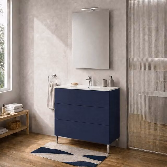 Mobile bagno a terra INBAGNO Tierra blu con tre cassetti push-pull e lavabo, L: 100 cm, H: 84 cm, P: 45 cm
