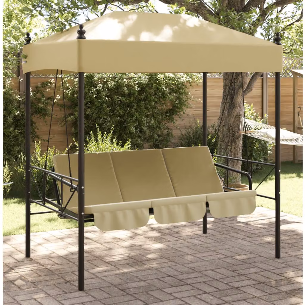 Panchina a dondolo da giardino con baldacchino vidaXL color sabbia in acciaio rivestito in polvere, convertibile in letto con cuscini inclusi