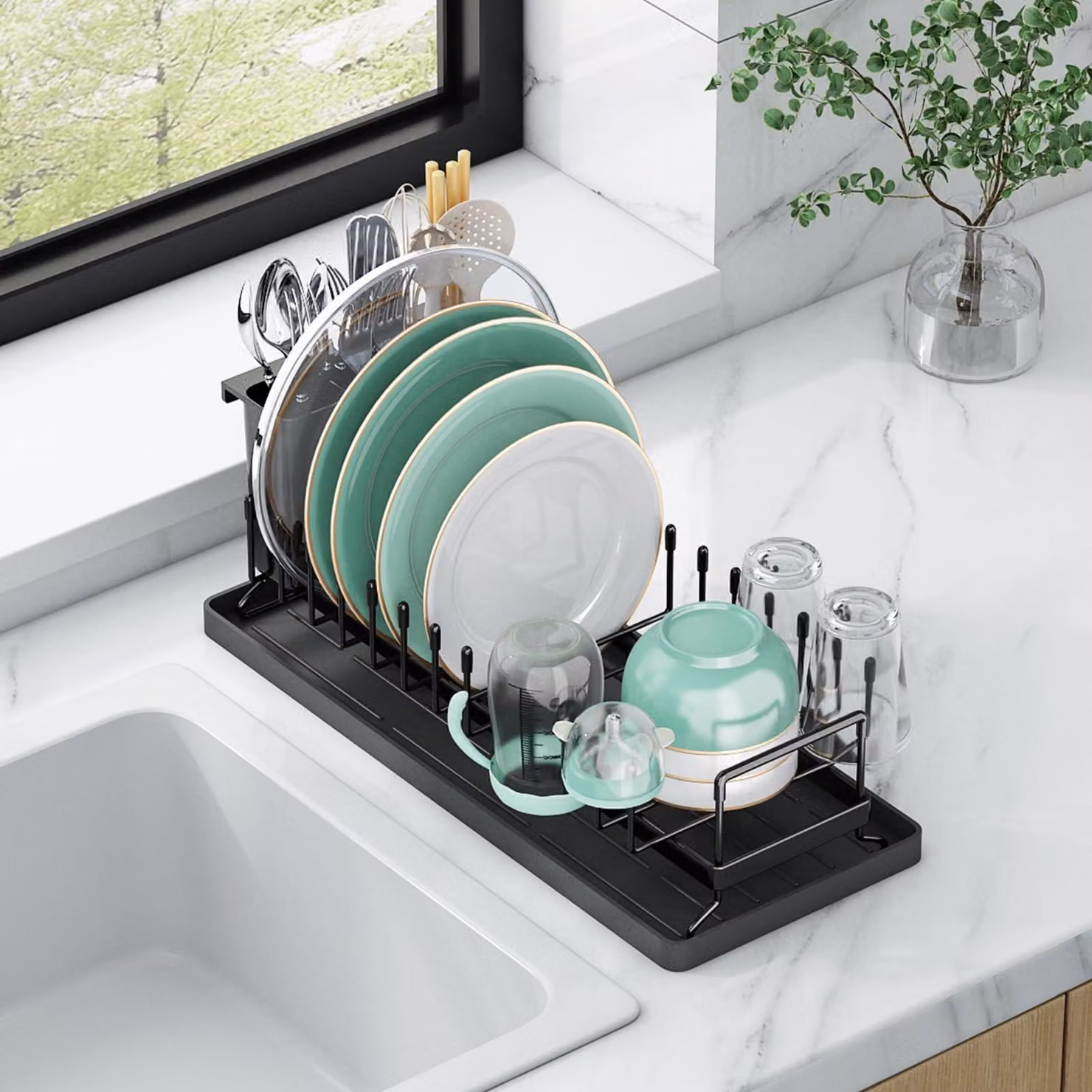 Scolapiatti compatto in silicone con tappetino asciuga stoviglie e portabicchieri, ideale per risparmiare spazio in cucina e in camper