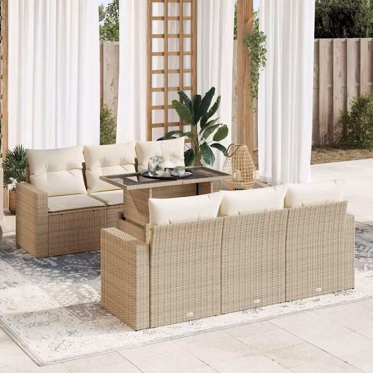 Set Divani da Giardino vidaXL 7 Pezzi con Cuscini Beige e Tavolino in Polyrattan e Metallo per Terrazza e Giardino