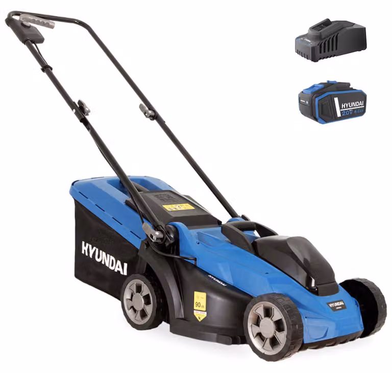 Tosaerba a batteria HYUNDAI 20V Brushless – Larghezza di taglio 33 cm, con batteria da 4,0 Ah e caricabatterie inclusi – Cesto da 35 L, regolazione centrale dell'altezza, leggero, compatto e senza fili