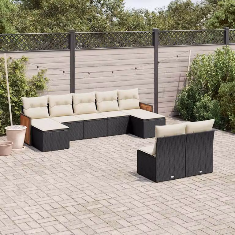 Set di Divani da Giardino vidaXL 9 pz a Forma a U in Polyrattan Nero con Cuscini e Ottoman