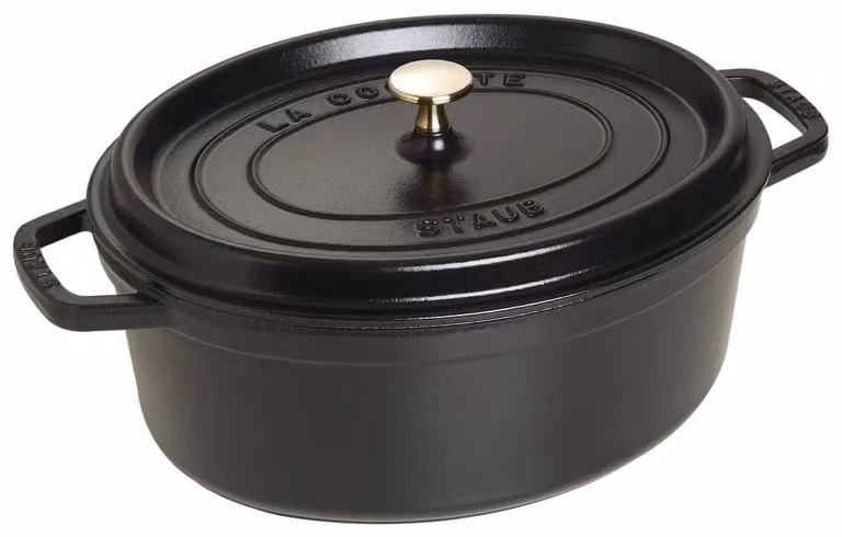 Casseruola ovale in ghisa per induzione colore nero con maniglie e coperchio, diam. 27cm