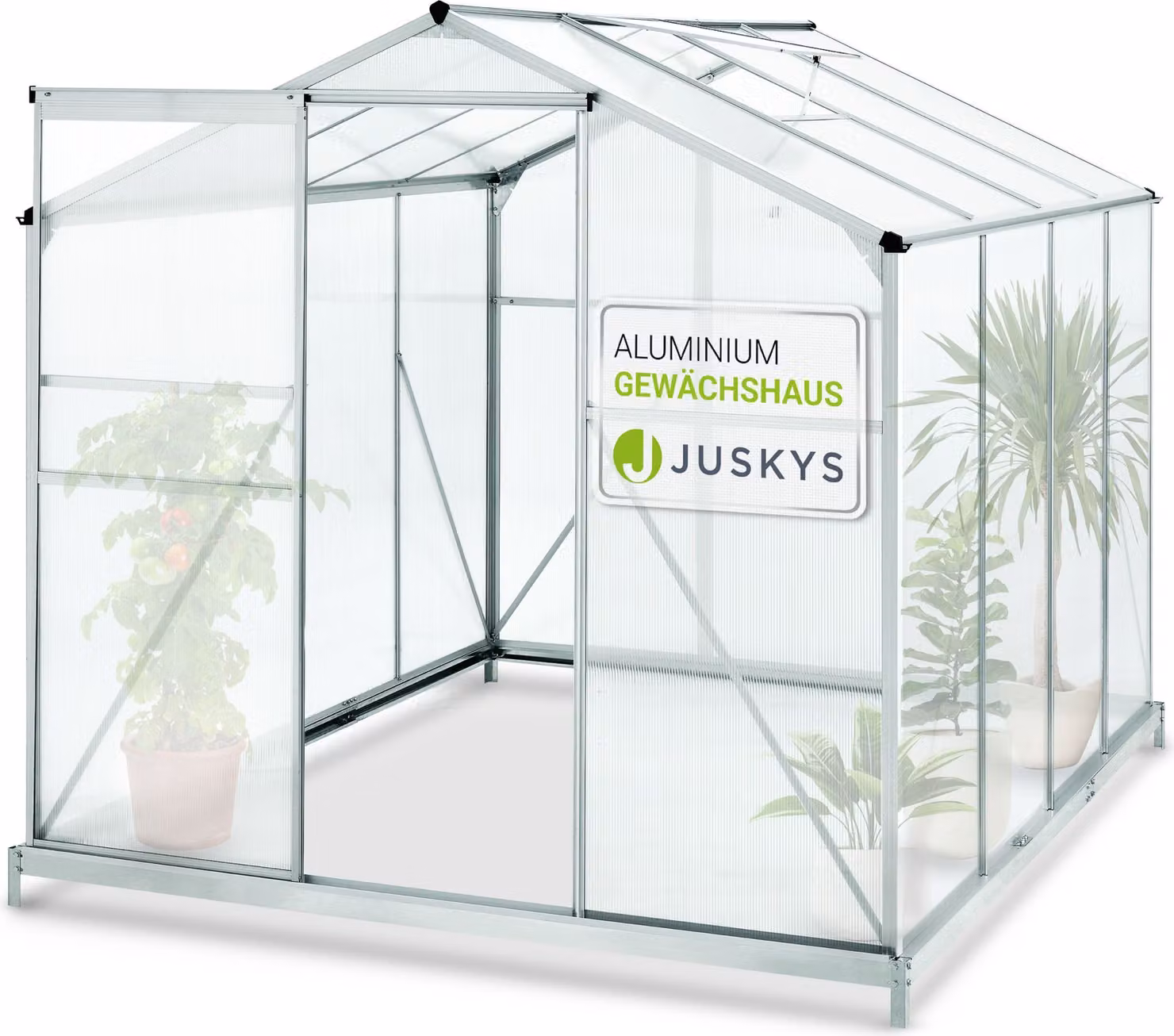 Serra in alluminio Juskys con fondazione per giardino - 4,75 m² - 190 × 253 cm - 1 lucernario e porta scorrevole - pannelli da 4 mm