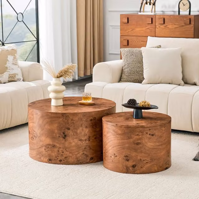 Set di 2 tavolini rotondi da salotto WISHDOR con vano contenitore, effetto legno marrone opaco, in MDF