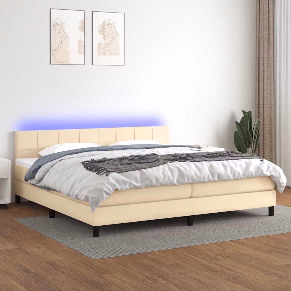 Letto matrimoniale con materasso ibrido e illuminazione LED vidaXL in tessuto bianco e beige L/P/H: 200 x 200 x 88 cm – 1