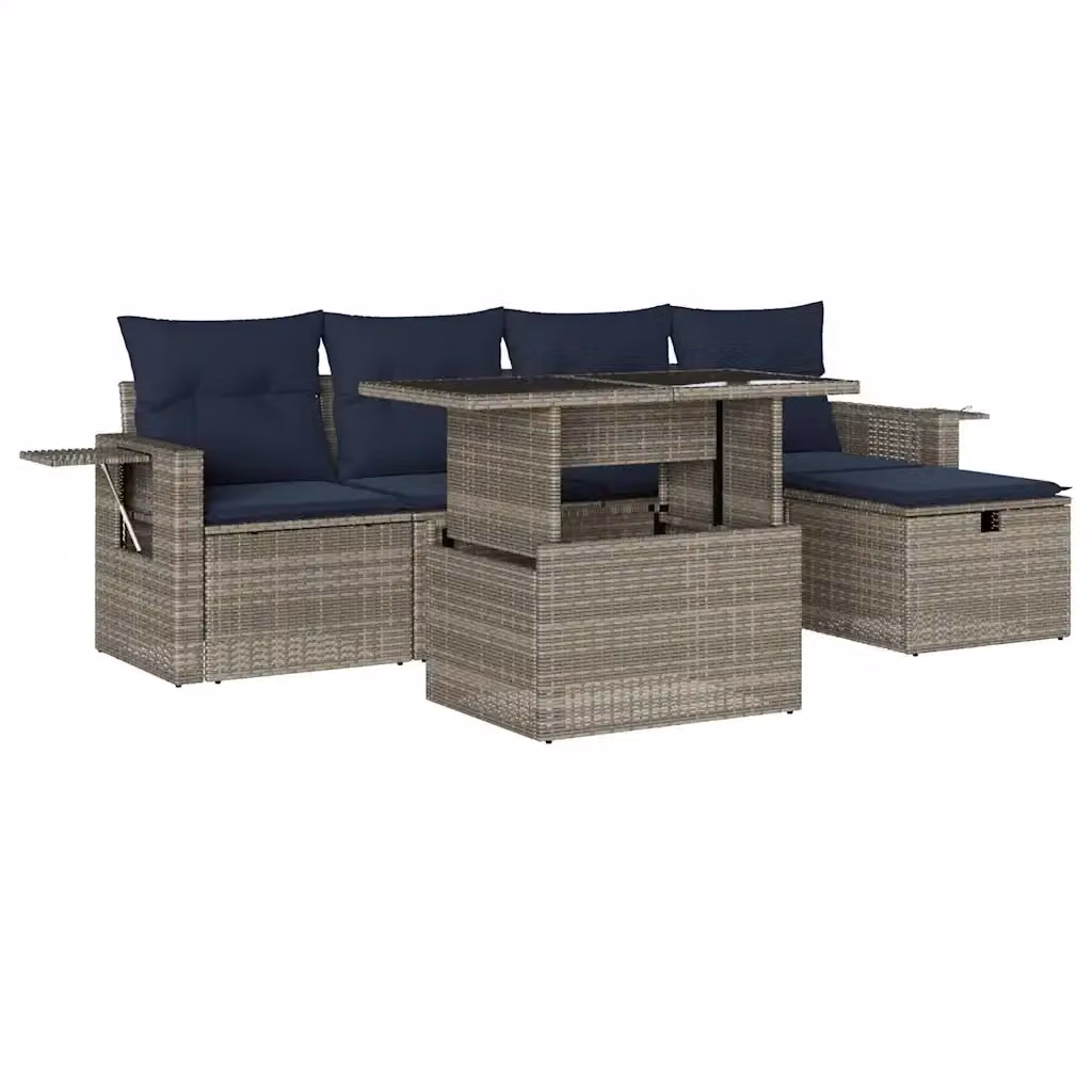 Set da giardino moderno vidaXL composto da 6 pezzi in polyrattan con cuscini grigi e blu e tavolino da caffè – 2