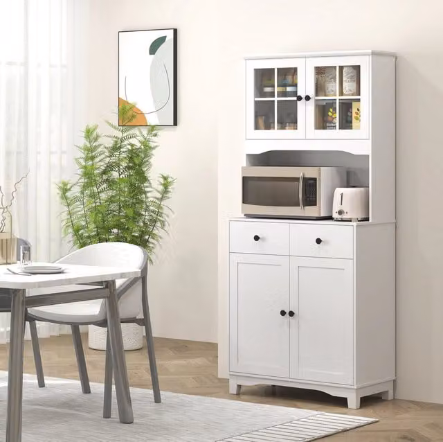 Colonna cucina 74;5x40x172 cm con vano microonde; 2 cassetti e ante in vetro bianca