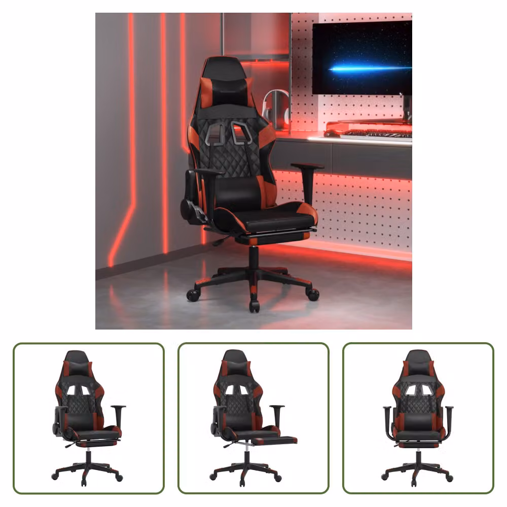 The Living Store Sedia da gioco con massaggio e poggiapiedi in ecopelle nera Wine Red