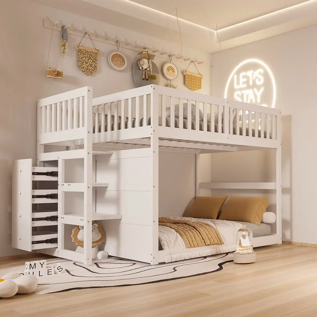 Letto a castello basso REDOM in legno bianco con 4 cassetti e scala per bambini L: 140 cm, P: 200 cm – 2