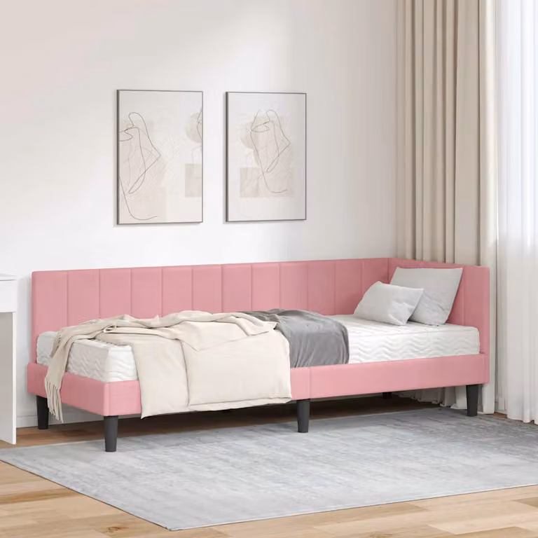 vidaXL Struttura Letto Angolare con 2 Materassi in Velluto Rosa L: 200 cm, P: 80 cm, H: 84 cm