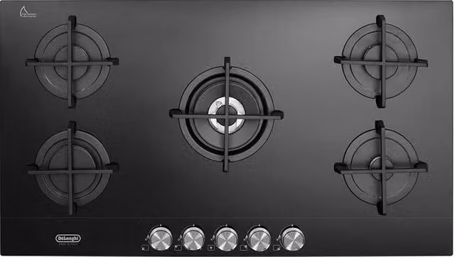Piano cottura a gas De'Longhi Life NSL590NC con 5 fuochi, superficie in vetroceramica, griglie in ghisa, colore nero, larghezza: 90 cm