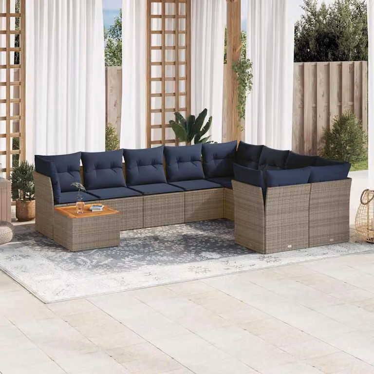 Set di divani da giardino vidaXL in polyrattan grigio con cuscini e tavolino da esterno a forma di L
