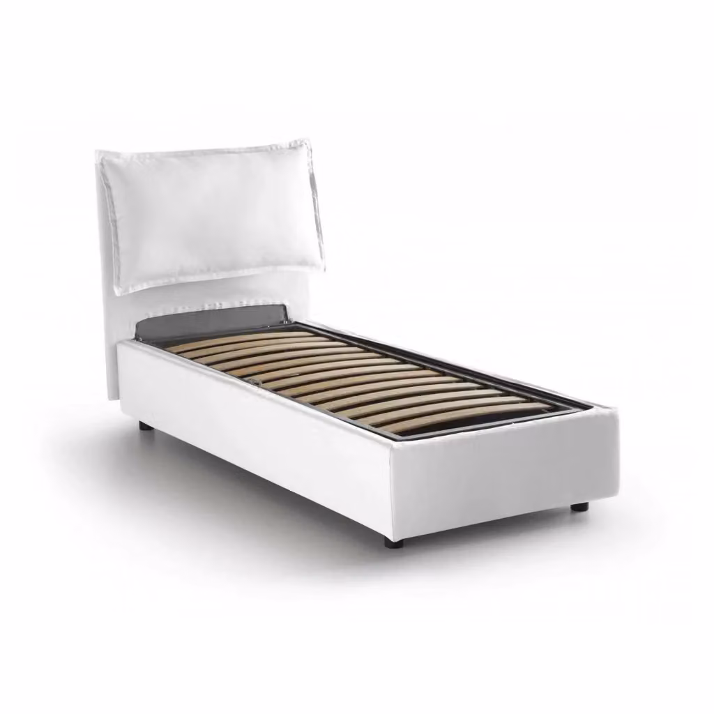 Letto singolo contenitore Talamo Italia con rivestimento in tessuto bianco, apertura frontale, adatto per materasso 80x190 cm – 2