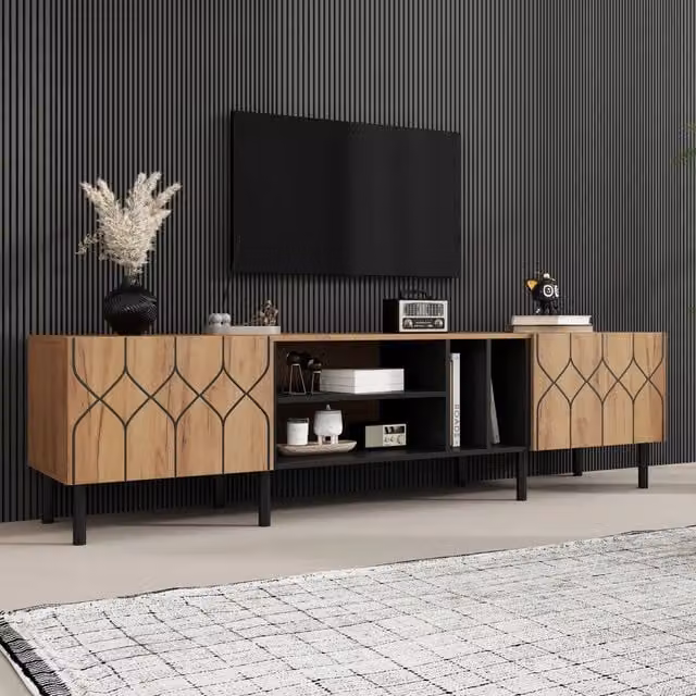Mobile TV 180x40x50 cm, 2 ante e 4 vani aperti, truciolato colore legno naturale e nero, per TV fino a 70 pollici, stile moderno per soggiorno