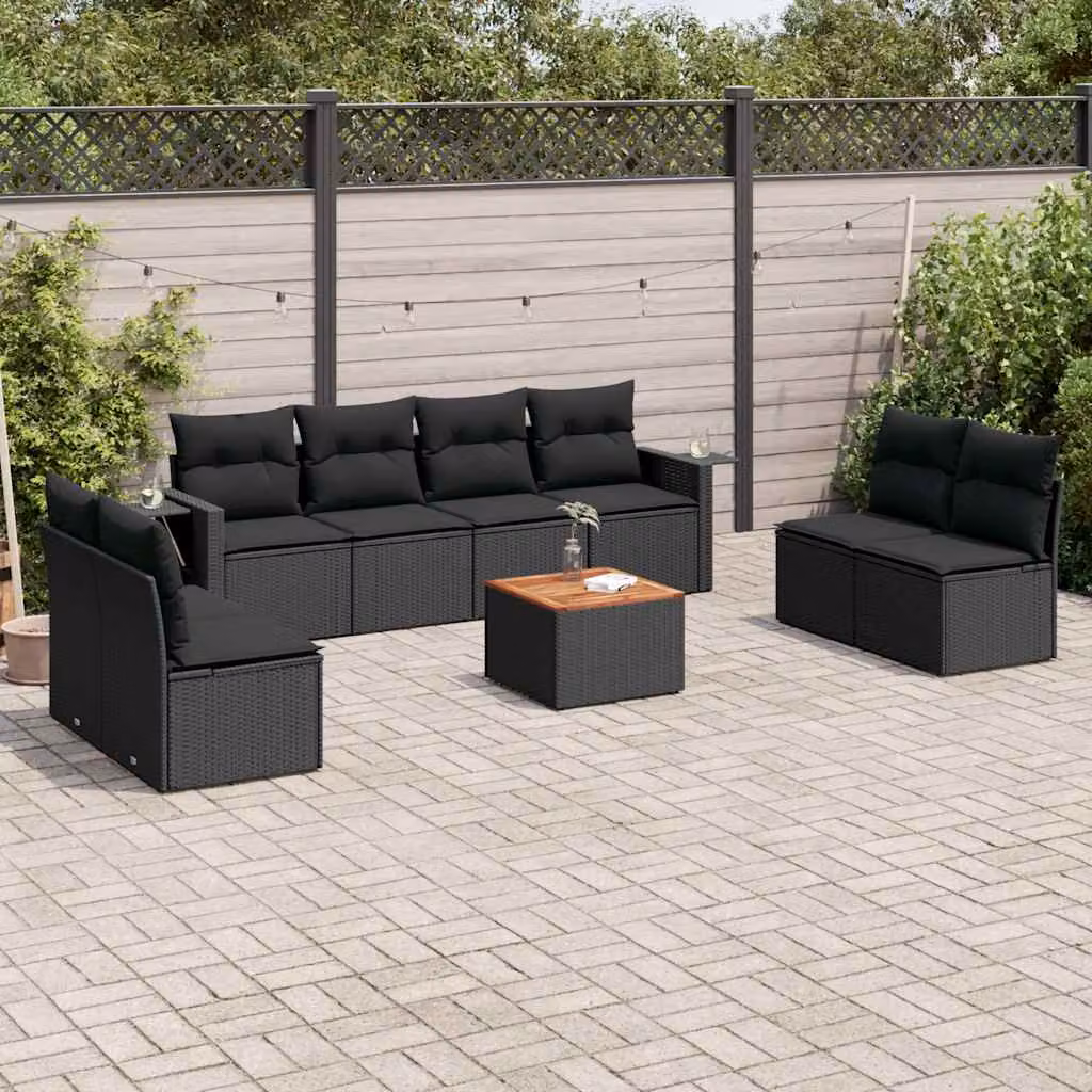 vidaXL Set Divani da Giardino 9 pz a Forma a U in Polyrattan Nero con Cuscini e Tavolino da Caffè – 1