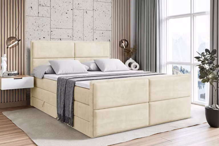Letto boxspring ALTDECOR con pediera, 2 materassi e topper - 180x200 cm - AURA-Z KING - Velluto beige - Letto imbottito con materassi H3 e H4, contenitore e rete a doghe, letto con spazio contenitivo